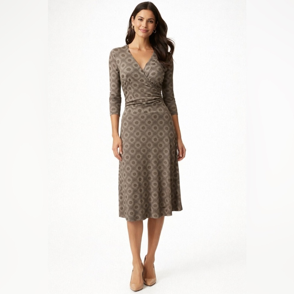 Boden Dress Brown Cream 10 R 3/4 Long Sleeve Stretch A Line Washable